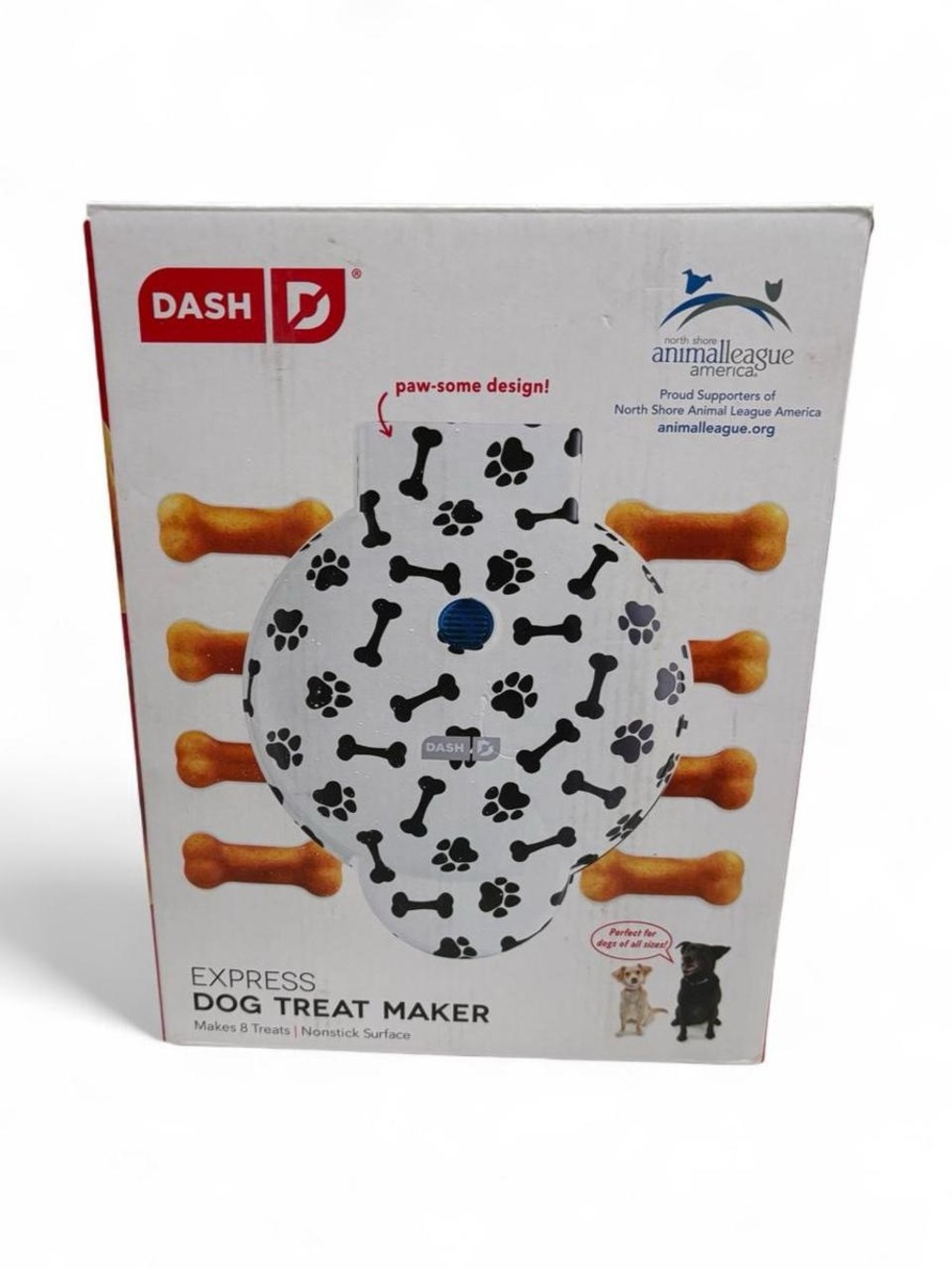 Dash Express Dog Treat Maker White Paw Print Bone Shaped Waffle Baker NIB
